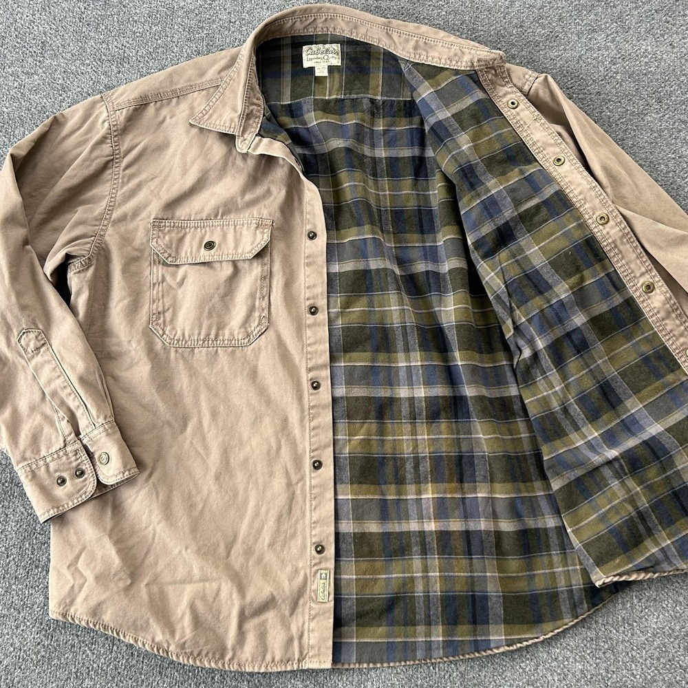 Cabelas Shirt Jacket Mens XL Beige Flannel Lined Snap Front Hunting Outdoor
